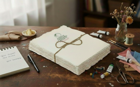 Um rolo (250 páginas) de papel timbrado artesanal fabricado a partir de resíduos têxteis (com monograma ou logótipo da empresa)
